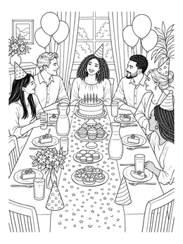 Friends celebrate around a cake in this detailed dining room coloring page.