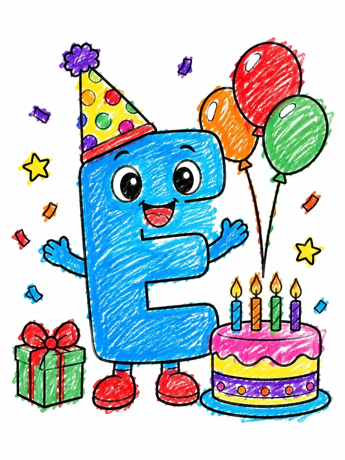 Colored example of the Birthday Party Letter E coloring page