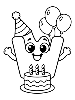 A cheerful letter W coloring page celebrating with cake, balloons, and a party hat.