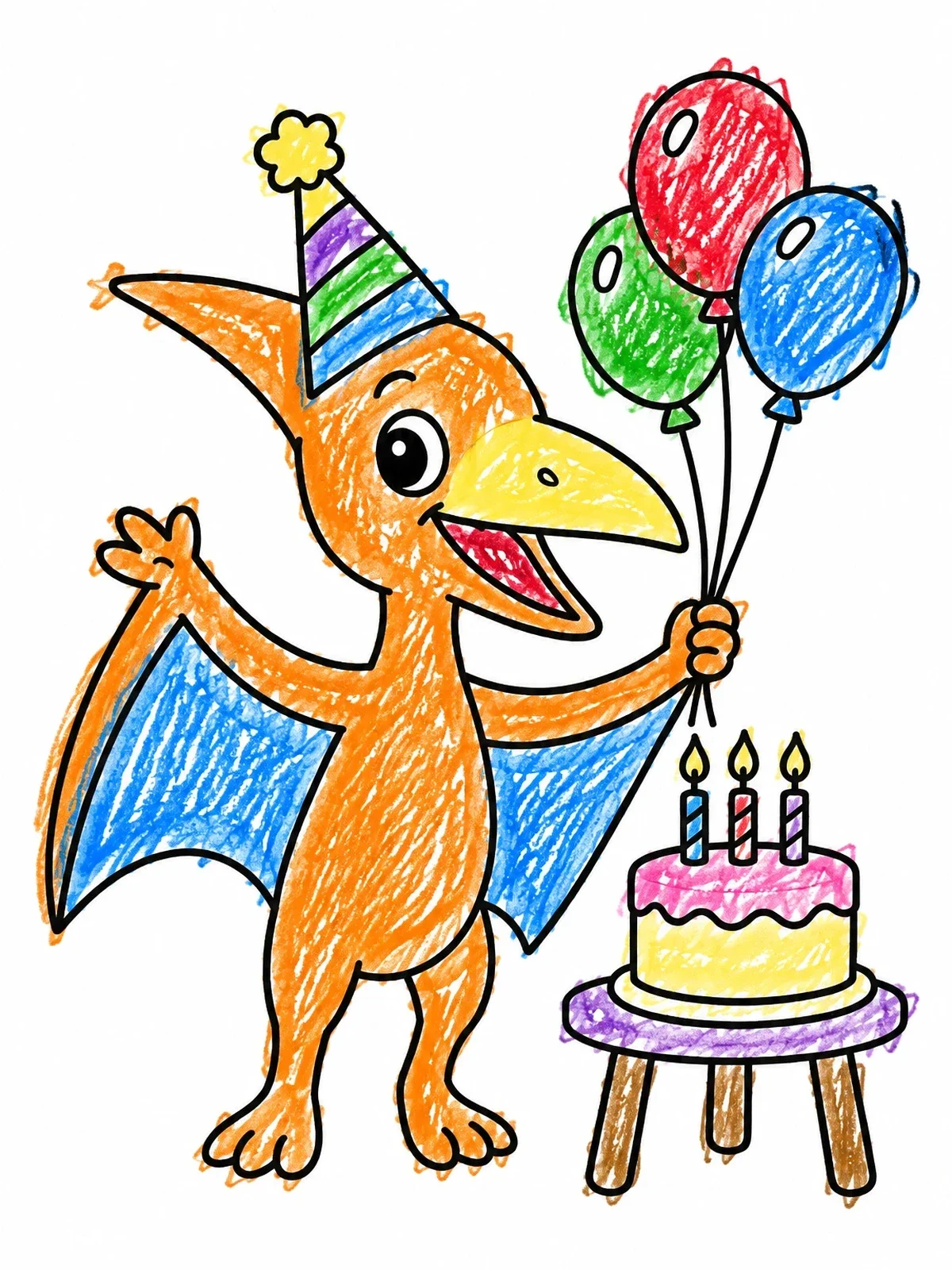 Colored example of the Birthday Party Pterodactyl With Cake coloring page
