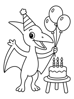 A cheerful pterodactyl coloring page showing a flying reptile with party hat, balloons, and cake.