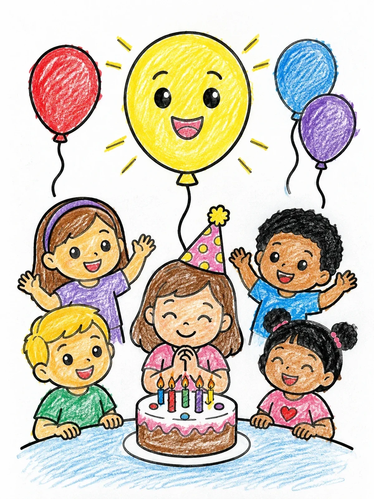 Colored example of the Birthday Party With Cheerful Balloons coloring page