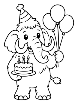 A cute woolly mammoth coloring page with balloons, party hat, and birthday cake.