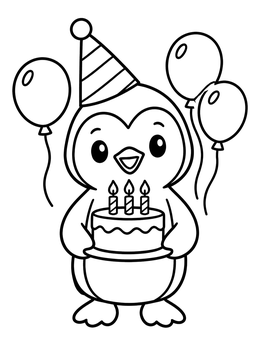 A cheerful penguin coloring page showing a party hat, balloons, and a small birthday cake.