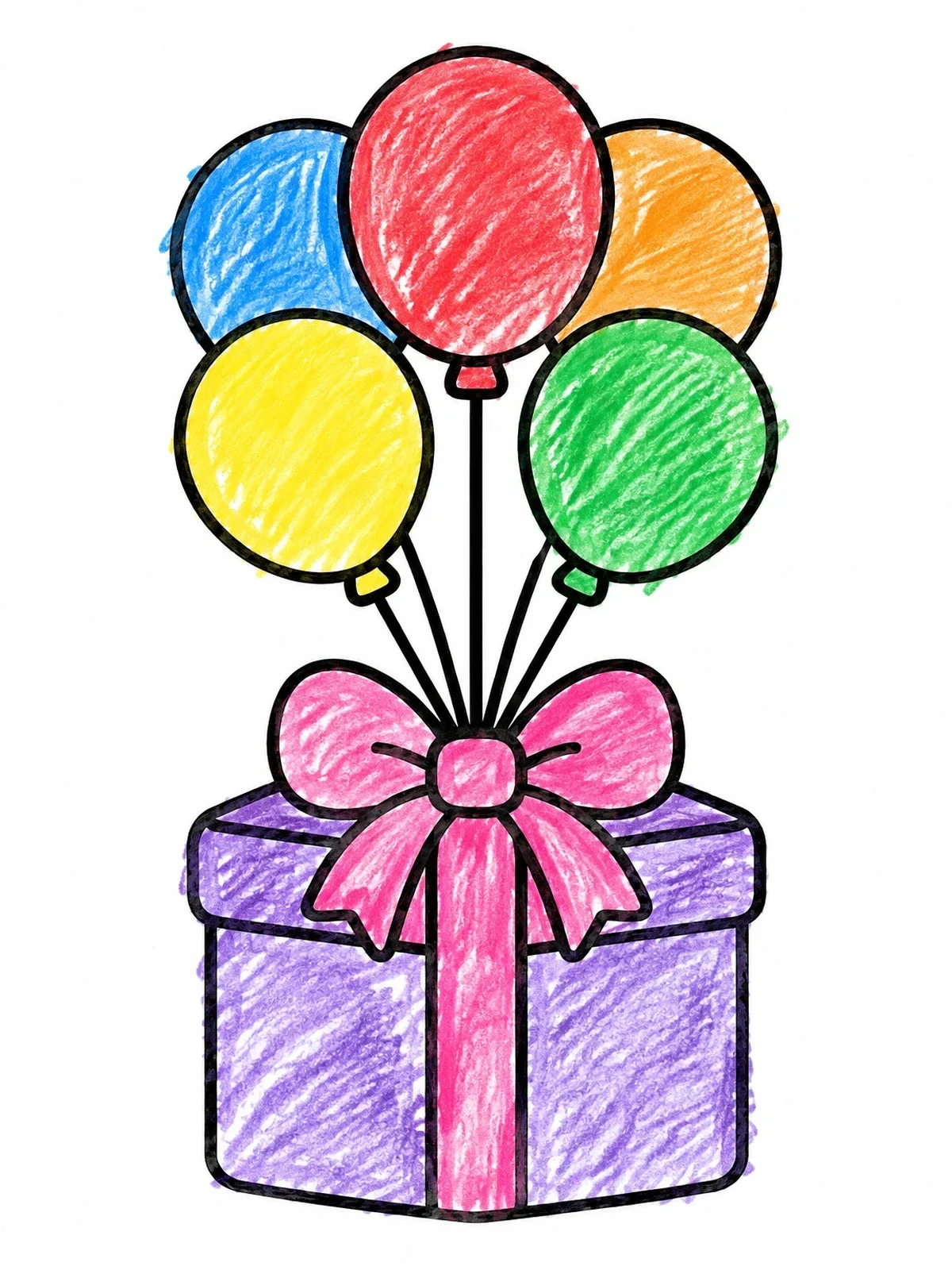 Colored example of the Birthday Present With Festive Balloons coloring page