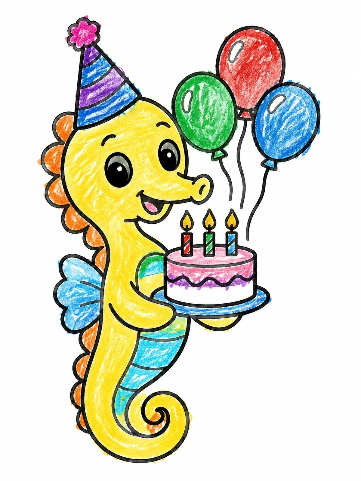 Colored example of the Happy Seahorse Birthday Celebration coloring page