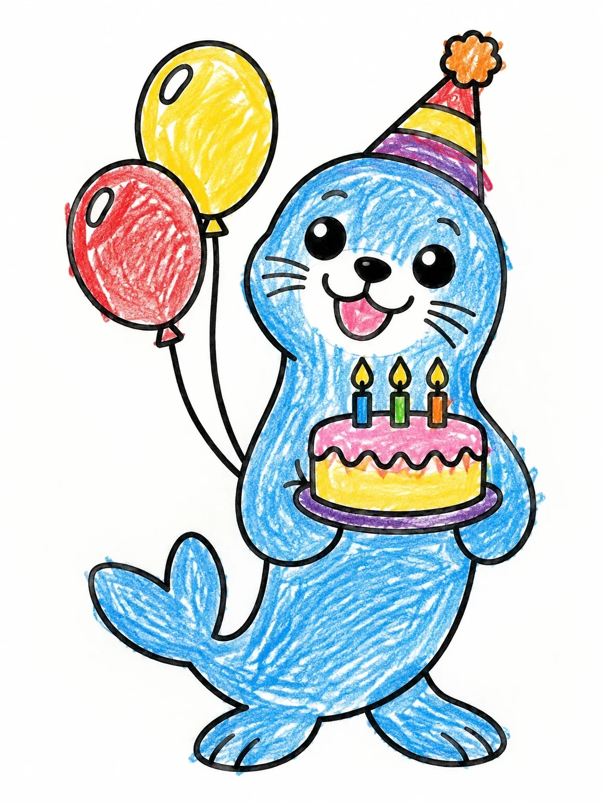 Colored example of the Happy Birthday Seal With Cake coloring page