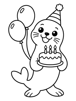 A happy seal coloring page featuring a party hat, birthday cake, and balloons.