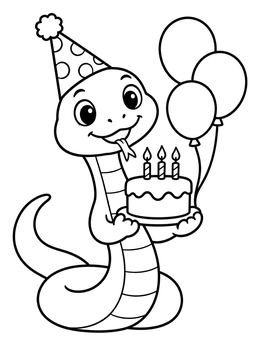 A cheerful birthday snake coloring page featuring a cake, candles, balloons, and a party hat.