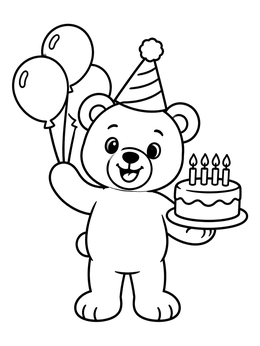 A cheerful teddy bear coloring page holding balloons and a birthday cake.
