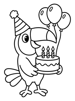 A cheerful toucan coloring page featuring a party hat, birthday cake, and balloons.