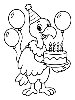 A cheerful cartoon vulture coloring page featuring a party hat, birthday cake, and balloons.