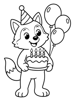 A cheerful cartoon wolf coloring page holding a birthday cake with candles and balloons.