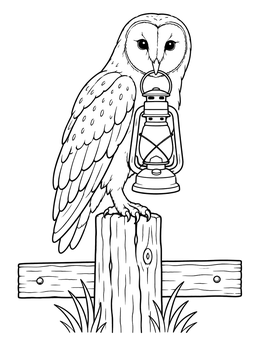 A black and white halloween coloring page of a barn owl holding a lantern on a wooden post.