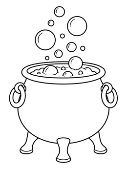 A black and white halloween coloring page featuring a bubbling potion cauldron with rising round bubbles.
