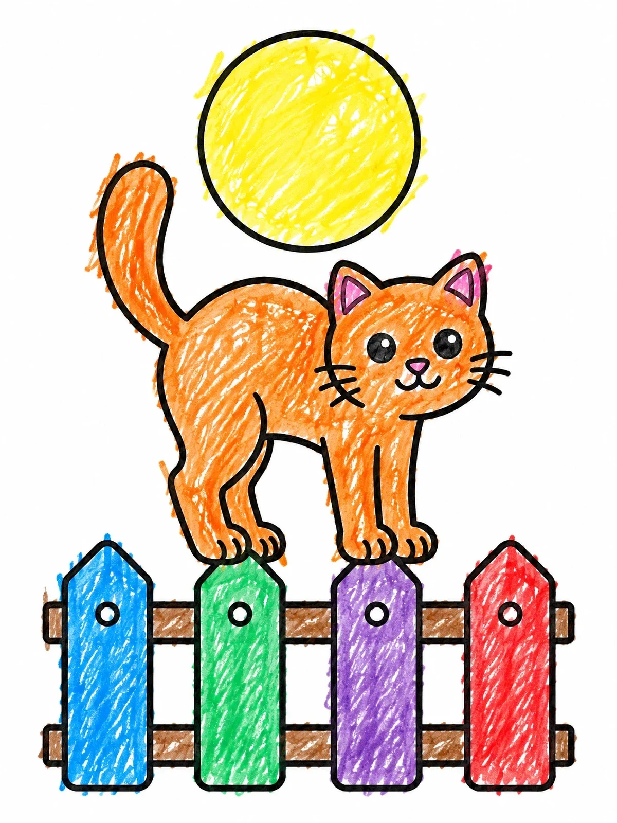 Colored example of the Cute Cat On Wooden Fence coloring page