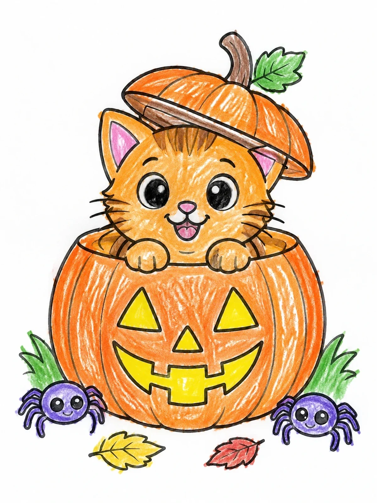 Colored example of the Cute Cat Inside Carved Pumpkin coloring page