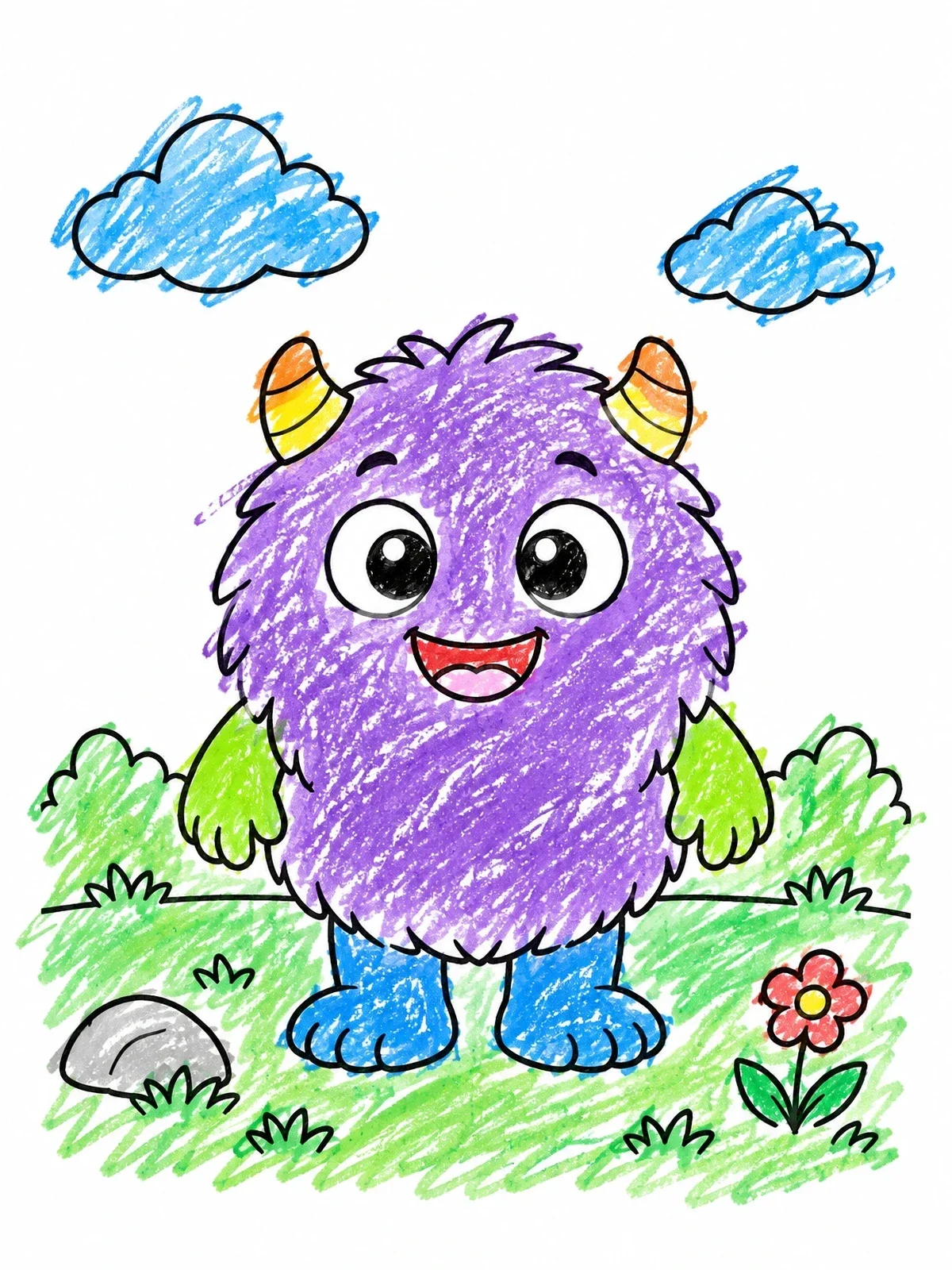 Colored example of the Cute Fluffy Little Horned Monster coloring page
