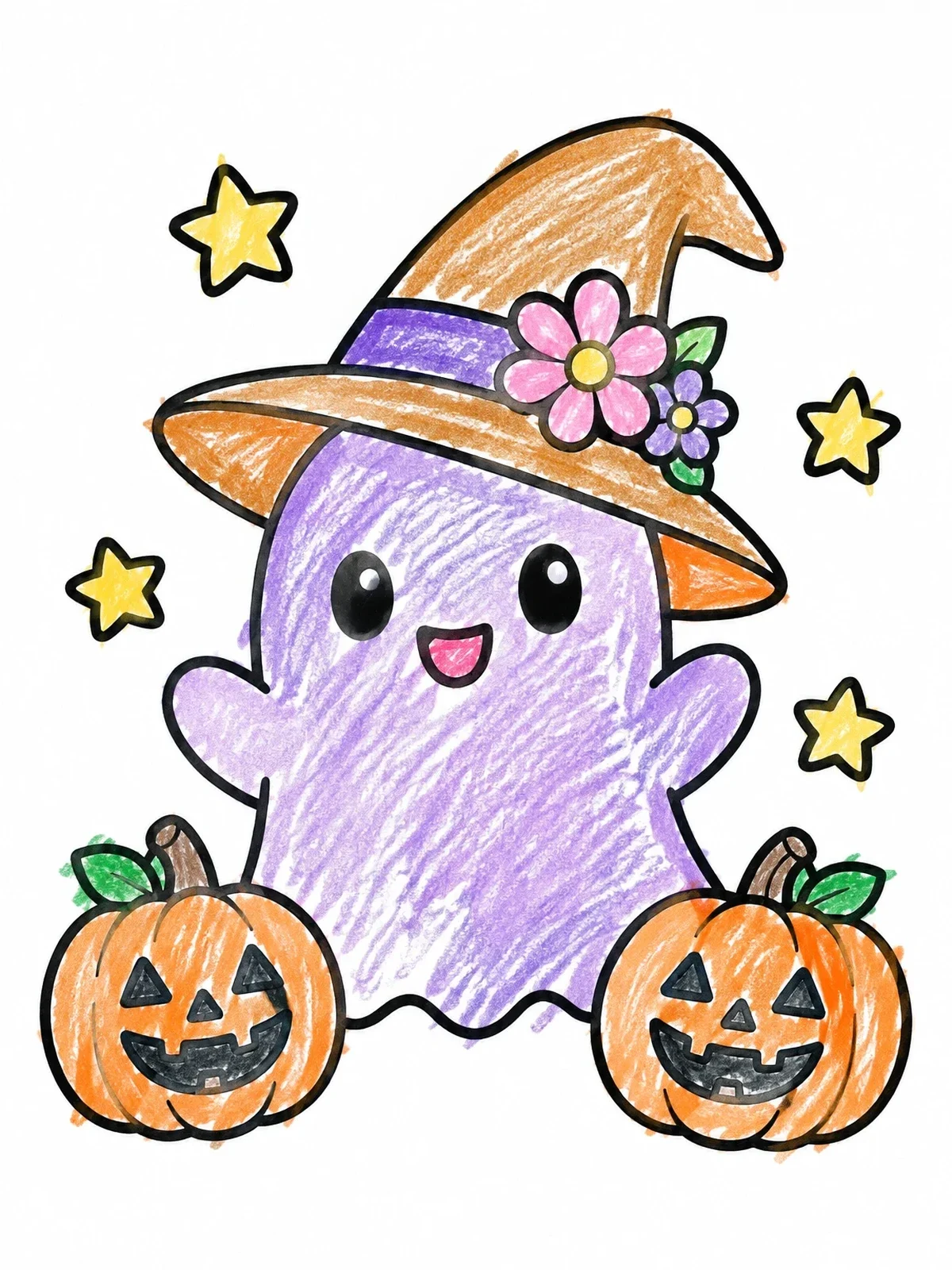 Colored example of the Cute Ghost In Witch Hat coloring page
