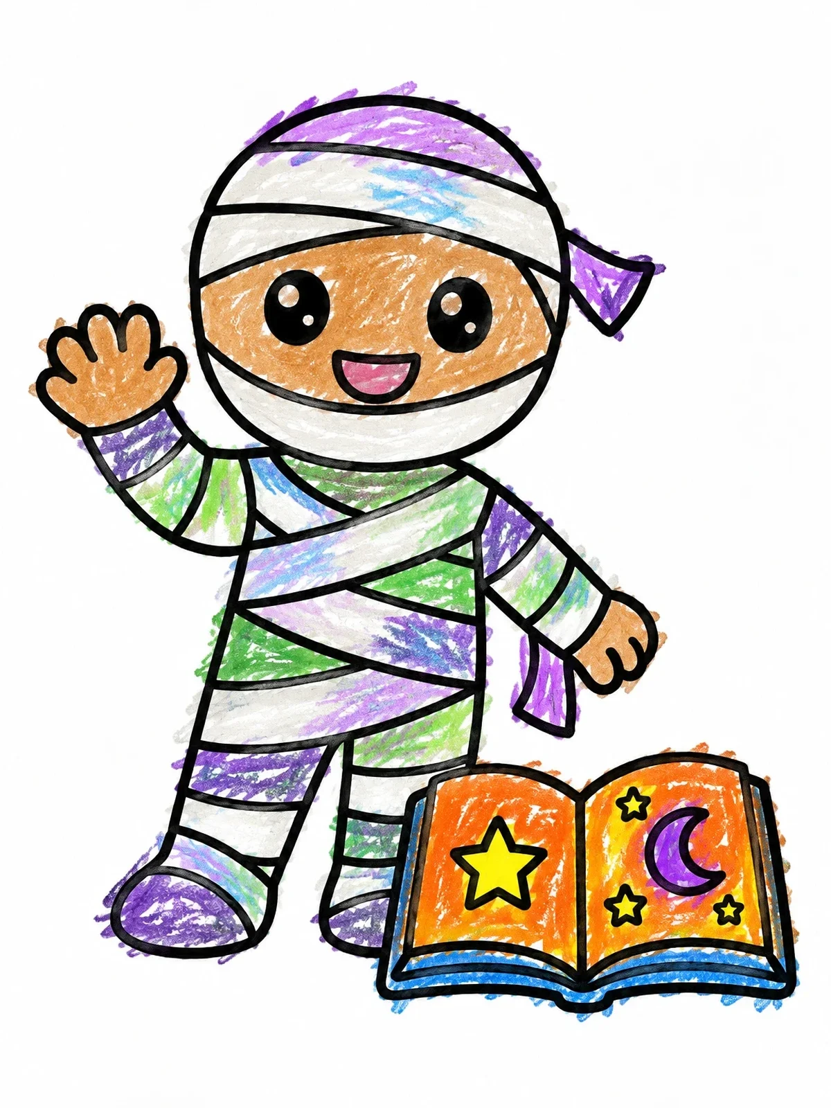 Colored example of the Cute Mummy With Spellbook coloring page