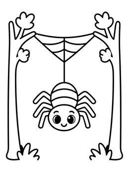A friendly spider hangs upside down on this black and white halloween coloring page.