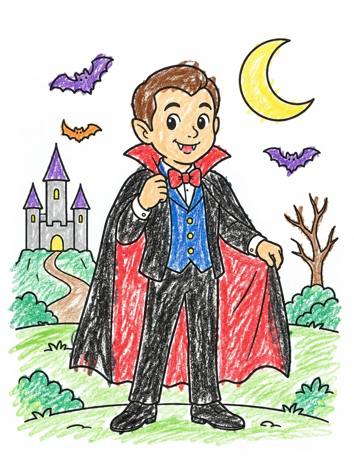Colored example of the Cute Vampire Under Crescent Moon coloring page