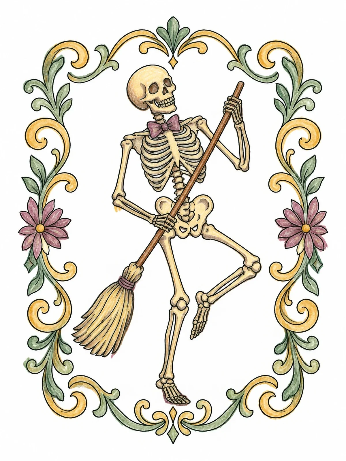 Colored example of the Dancing Skeleton With Broom And Bow Tie coloring page