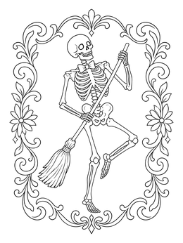 A black and white halloween coloring page featuring a dancing skeleton holding a broom inside a floral frame.