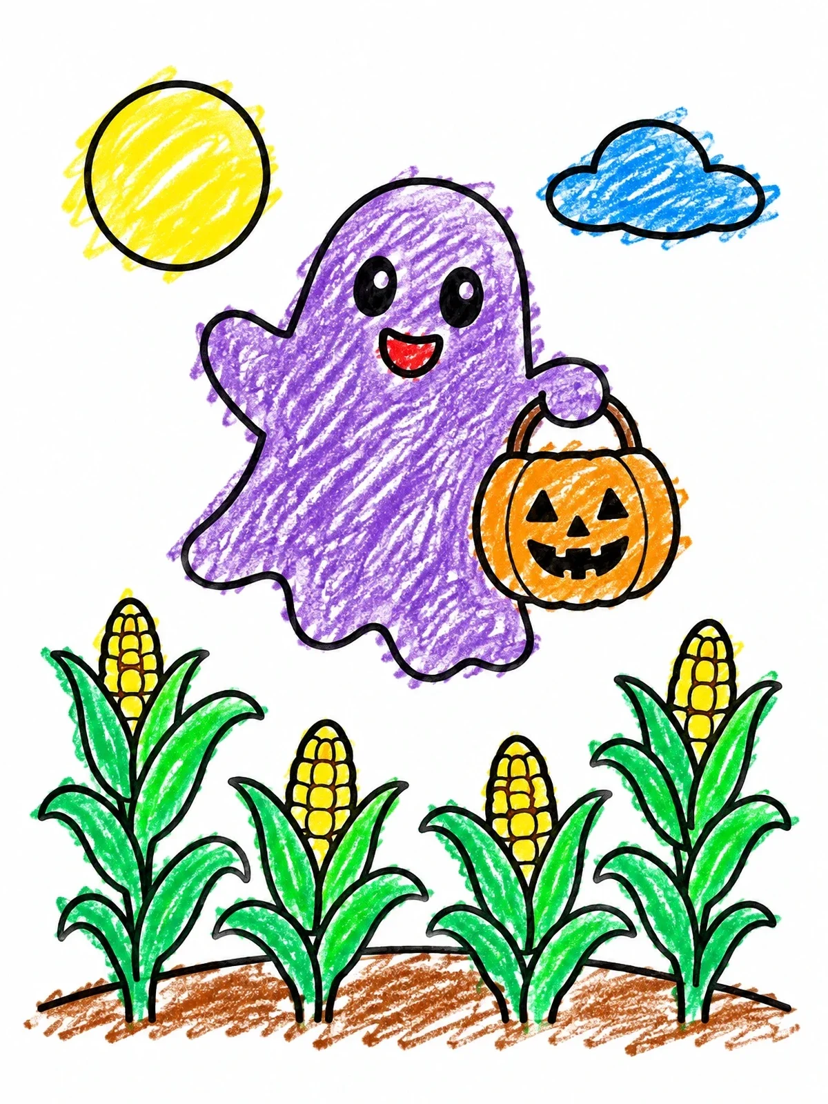 Colored example of the Friendly Ghost Over Cornfield coloring page