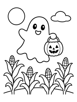 Free printable Friendly Ghost Over Cornfield coloring page