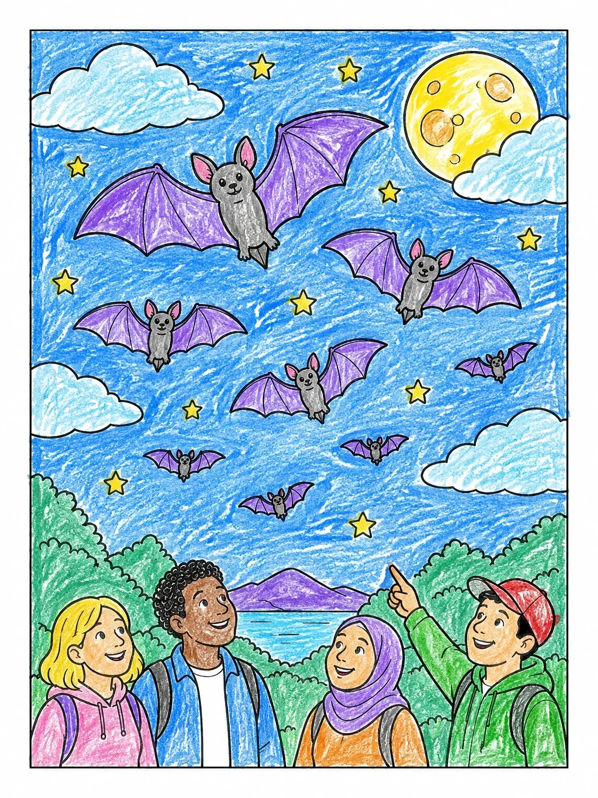 Colored example of the Friends Watching Bats Under The Night Sky coloring page