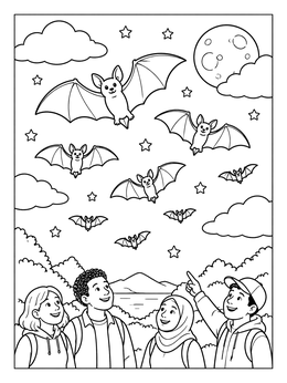 Free printable Friends Watching Bats Under The Night Sky coloring page