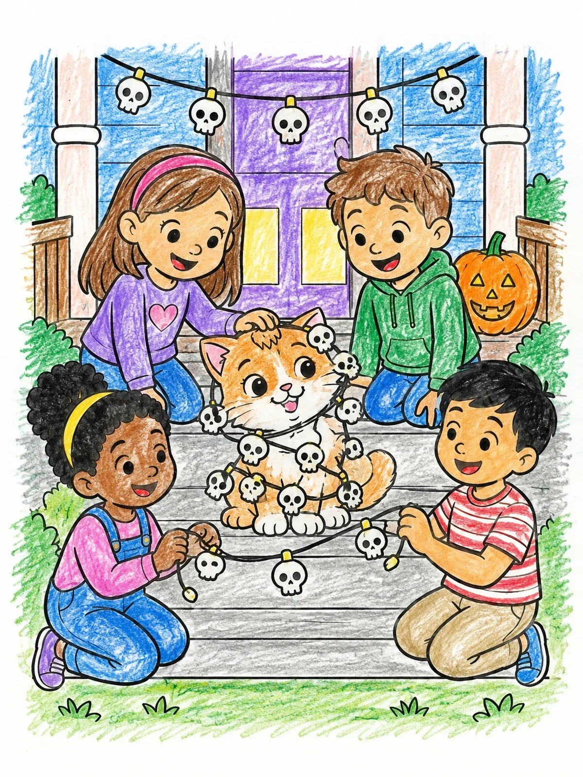 Colored example of the Kitten And Children With Skull Lights coloring page