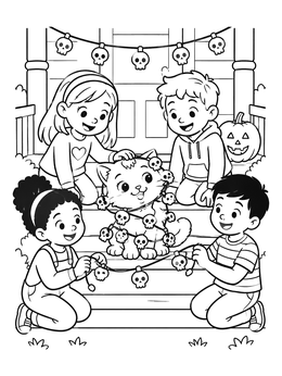 Free printable Kitten And Children With Skull Lights coloring page