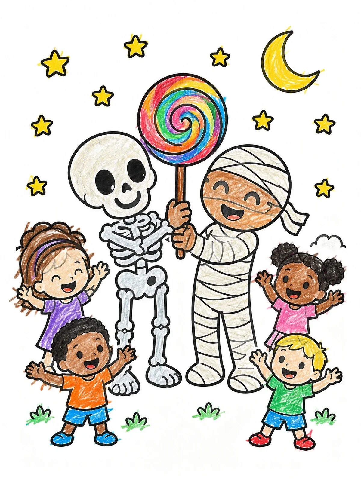 Colored example of the Halloween Skeleton And Mummy With Giant Lollipop coloring page