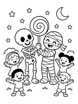 Free printable Halloween Skeleton And Mummy With Giant Lollipop coloring page
