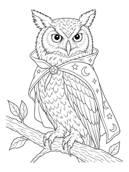 A black and white halloween coloring page of a detailed owl wearing a starry wizard cape.