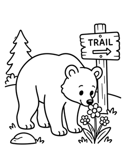Free printable Bear Sniffing Flowers By Trail Sign coloring page