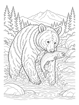 A detailed black bear coloring page showing a bear catching a salmon in a mountain river.