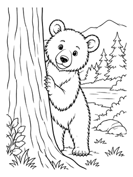 Free printable Curious Bear Behind A Tree coloring page