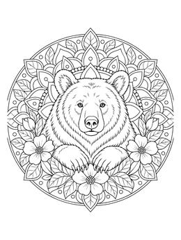 Intricate black bear coloring page framed by a floral circular mandala.