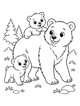 Free printable Mother Bear With Playful Cubs coloring page