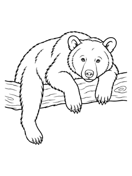 A black bear coloring page showing a relaxed bear resting over a thick tree branch.