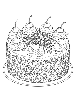 A detailed Black Forest cake coloring page topped with cherries, cream, and chocolate flakes.