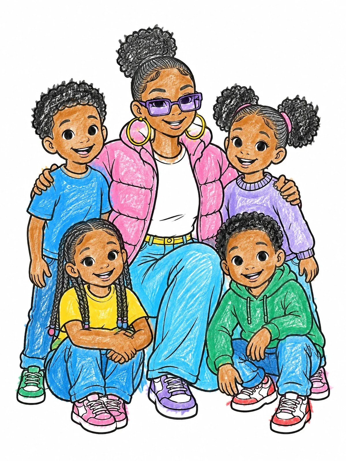 Colored example of the Big Sister With Cheerful Kids coloring page