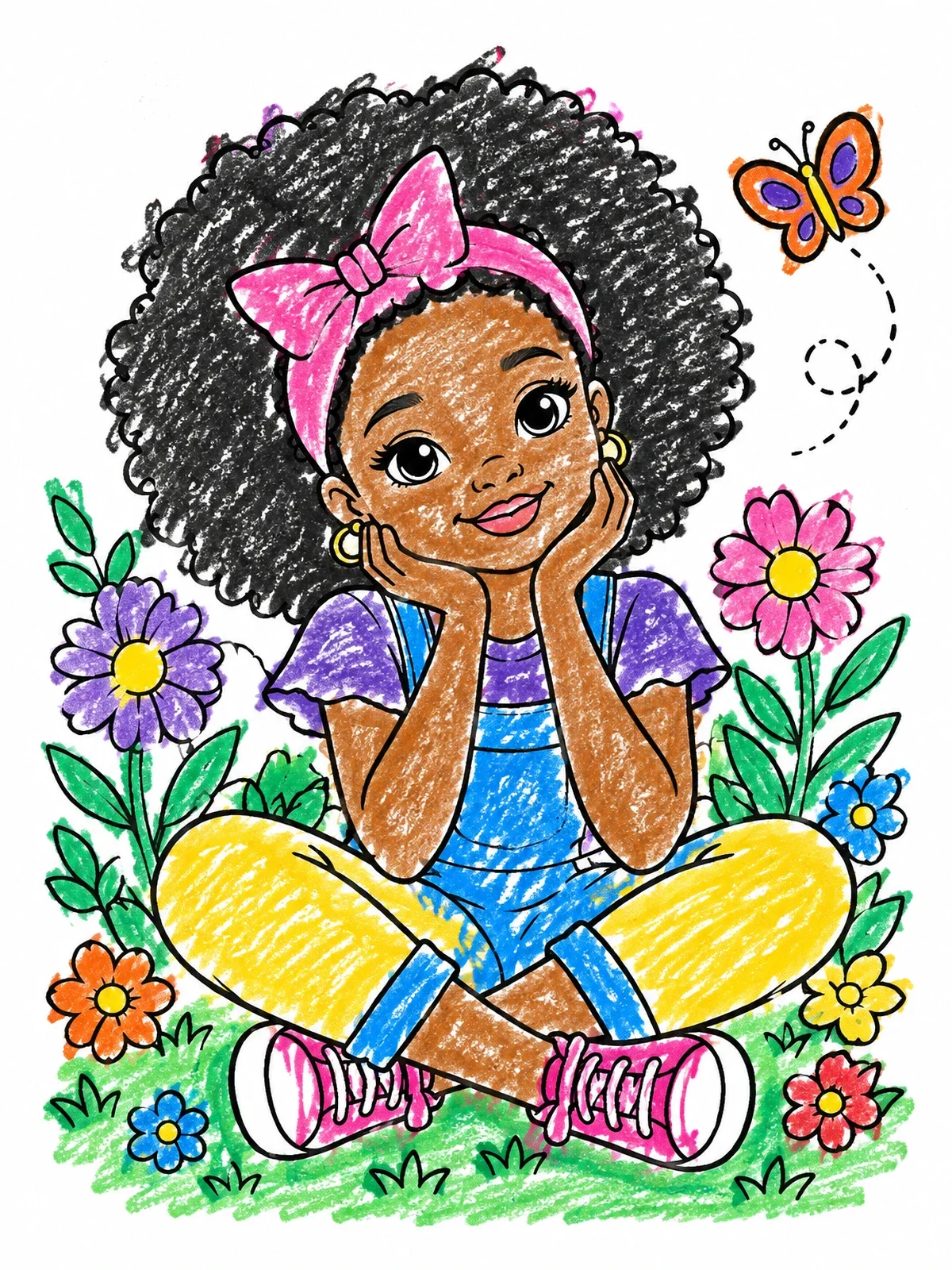 Colored example of the Cute Girl With Afro In Flower Garden coloring page