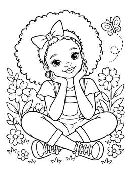 Free printable Cute Girl With Afro In Flower Garden coloring page