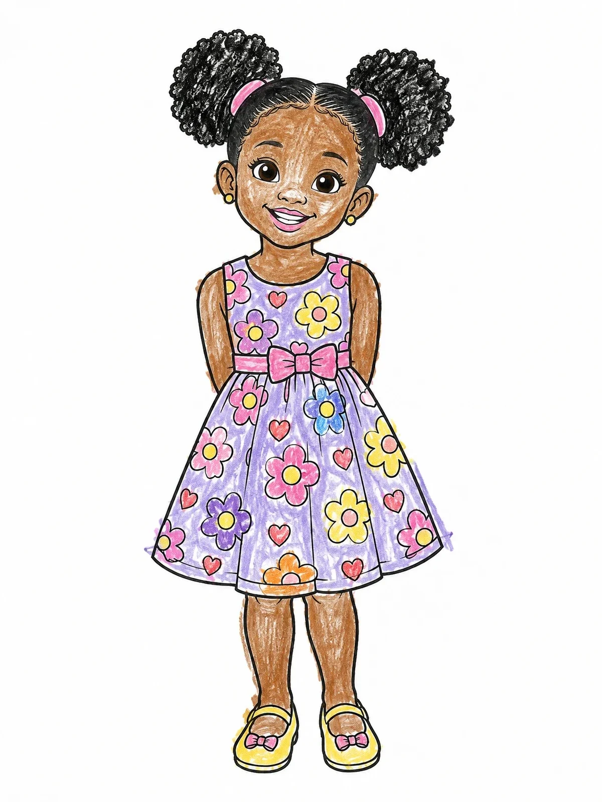 Colored example of the Cute Girl With Afro Puffs In Floral Dress coloring page