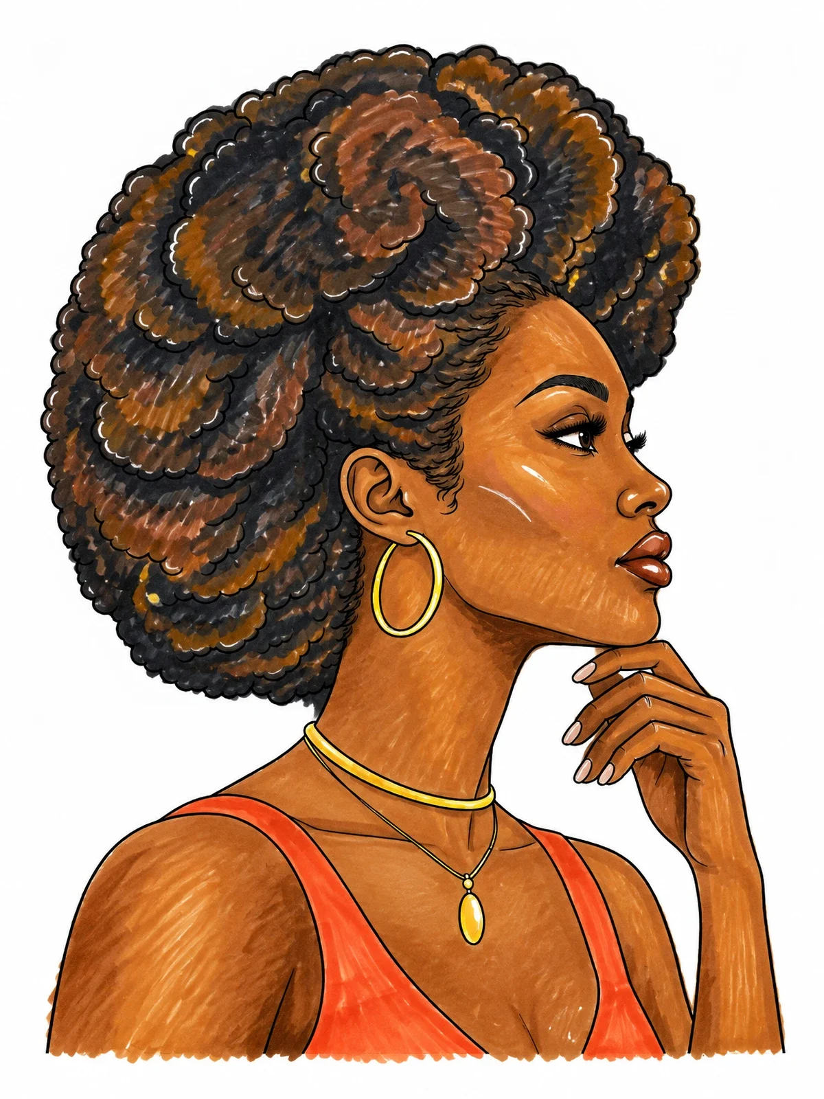 Colored example of the Elegant Woman With Afro In Profile coloring page