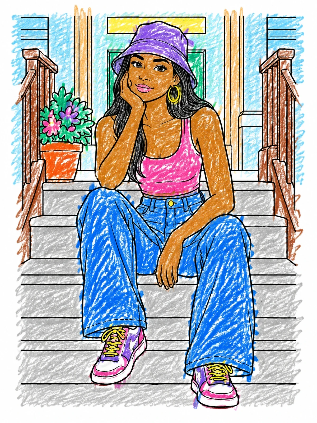 Colored example of the Fashionable Girl On City Steps coloring page